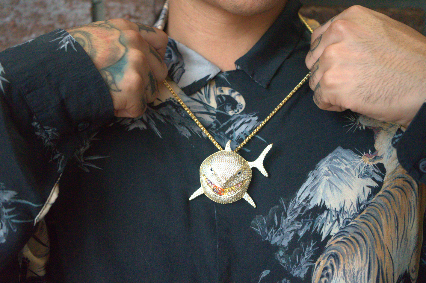 18K Gold Plated Iced Shark Pendant