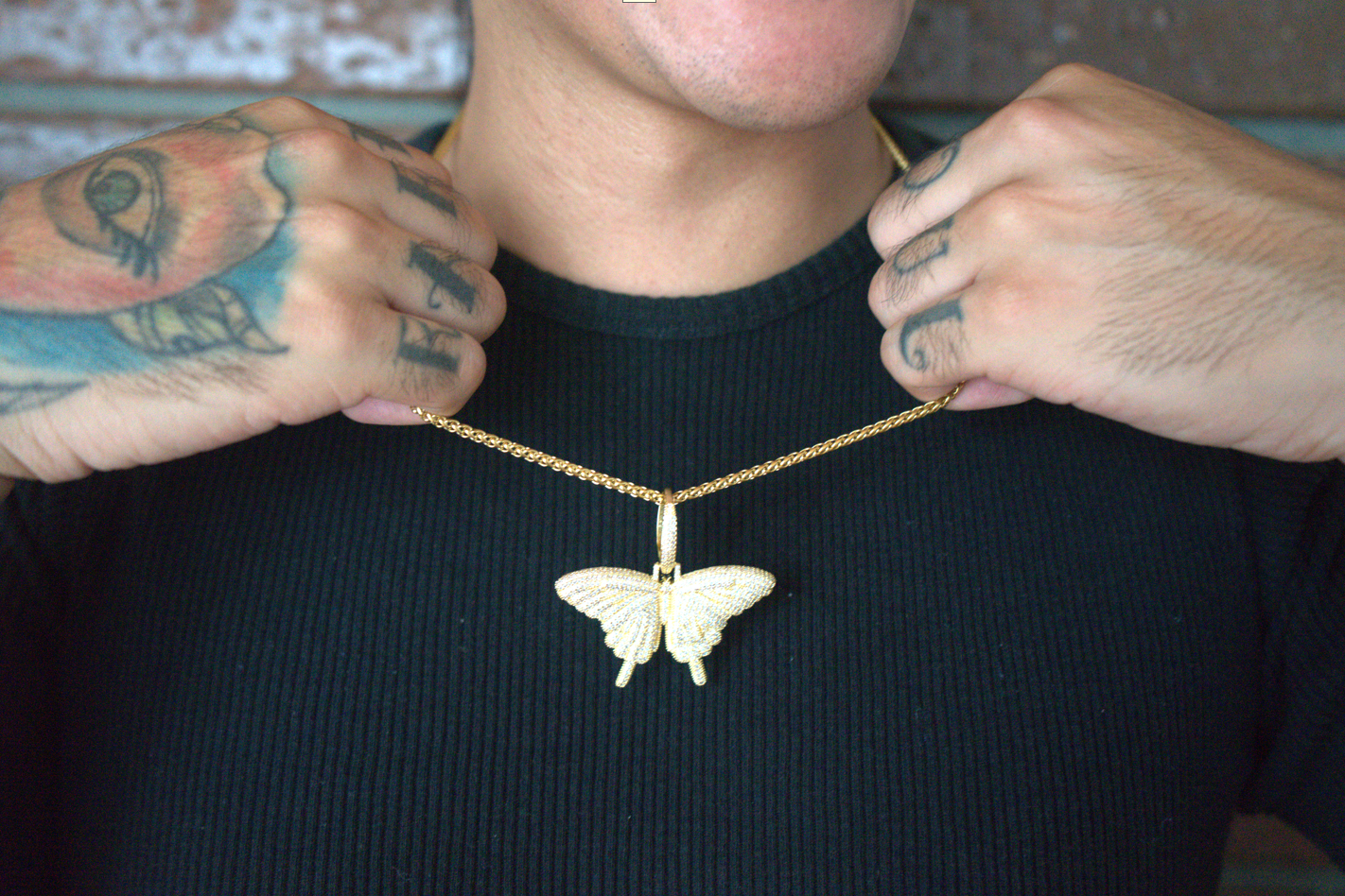 18K Gold Iced Butterfly Pendant