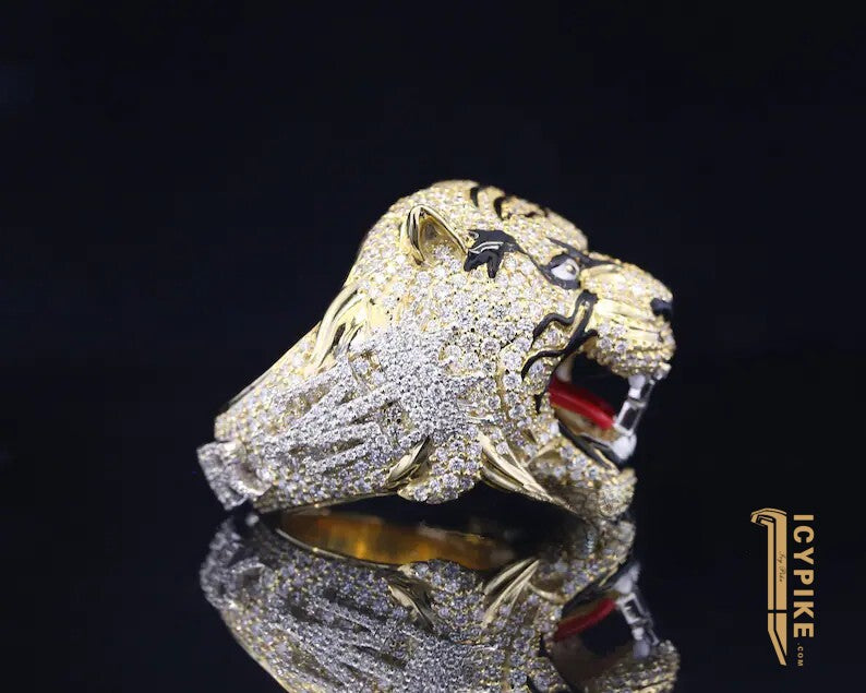 Tiger Head Iced Ring Hip Hop Ring Men‘s Moissanite Ring Full Iced Out Customize Ring - {{ cuban link}} Ring