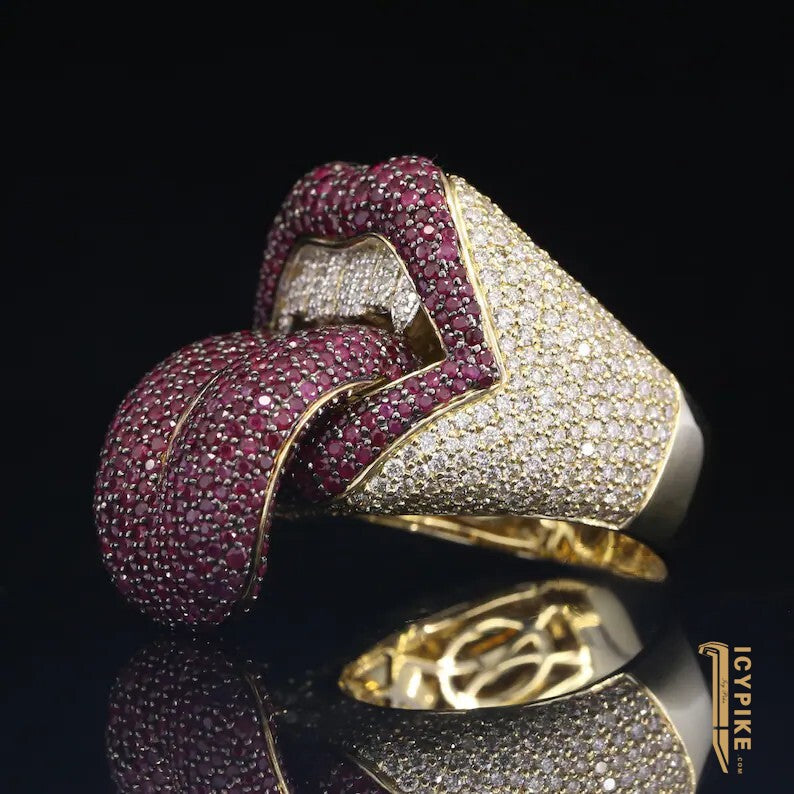 Custom Iced Out Ring Mens Hip Hop Ring Tongue Lip Rings Hip Hop Jewelry Men 10K Solid Yellow Gold VVS CZ Diamond Ring Hip Hop Jewelry Men - {{ cuban link}} Ring