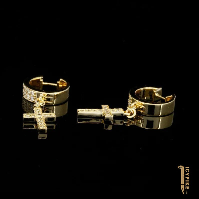10K Solid Gold Moissanite Dangle Drop Earrings Men’s Moissanite Earrings Hip Hop Earrings Cross Earrings Lab Diamond Earrings - {{ cuban link}} Earrings