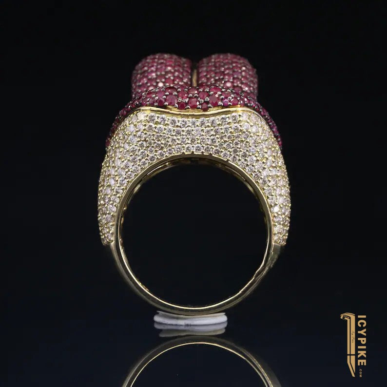 Custom Iced Out Ring Mens Hip Hop Ring Tongue Lip Rings Hip Hop Jewelry Men 10K Solid Yellow Gold VVS CZ Diamond Ring Hip Hop Jewelry Men - {{ cuban link}} Ring