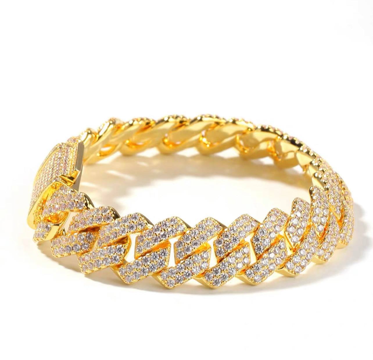 18k GOLD PLATED 12MM  CZ PRONG SETTING CUBAN BRACELET