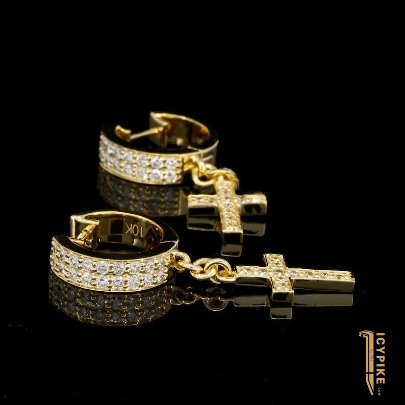 10K Solid Gold Moissanite Dangle Drop Earrings Men’s Moissanite Earrings Hip Hop Earrings Cross Earrings Lab Diamond Earrings - {{ cuban link}} Earrings