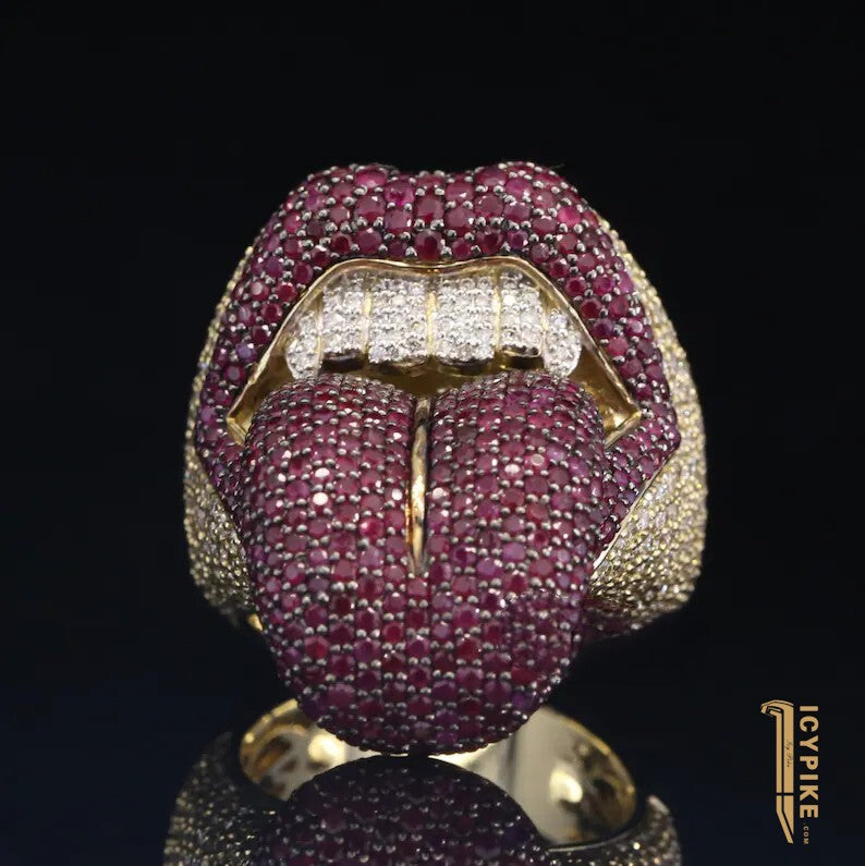 Custom Iced Out Ring Mens Hip Hop Ring Tongue Lip Rings Hip Hop Jewelry Men 10K Solid Yellow Gold VVS CZ Diamond Ring Hip Hop Jewelry Men - {{ cuban link}} Ring