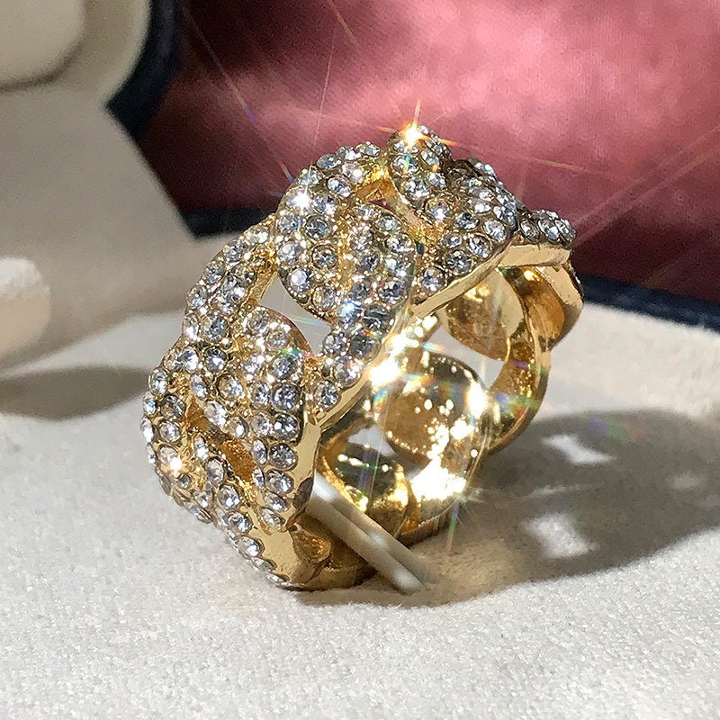 14K Gold Plated Cuban Iced Ring - {{ cuban link}} Ring